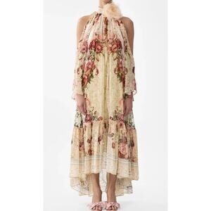 Camilla Silk Floral Halter Maxi Dress Beaded Rose Detail Relaxed Fit S Boho